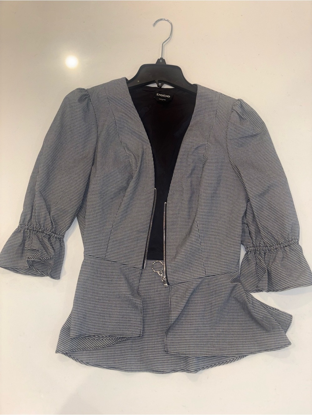 bebe Black & White Micro-Check Peplum Zip Jacket